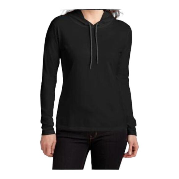 Anvil Hoodie Woman’s Large Hooded Tee Shirt Long Sleeve Lightweight Black Top - Picture 8 of 9